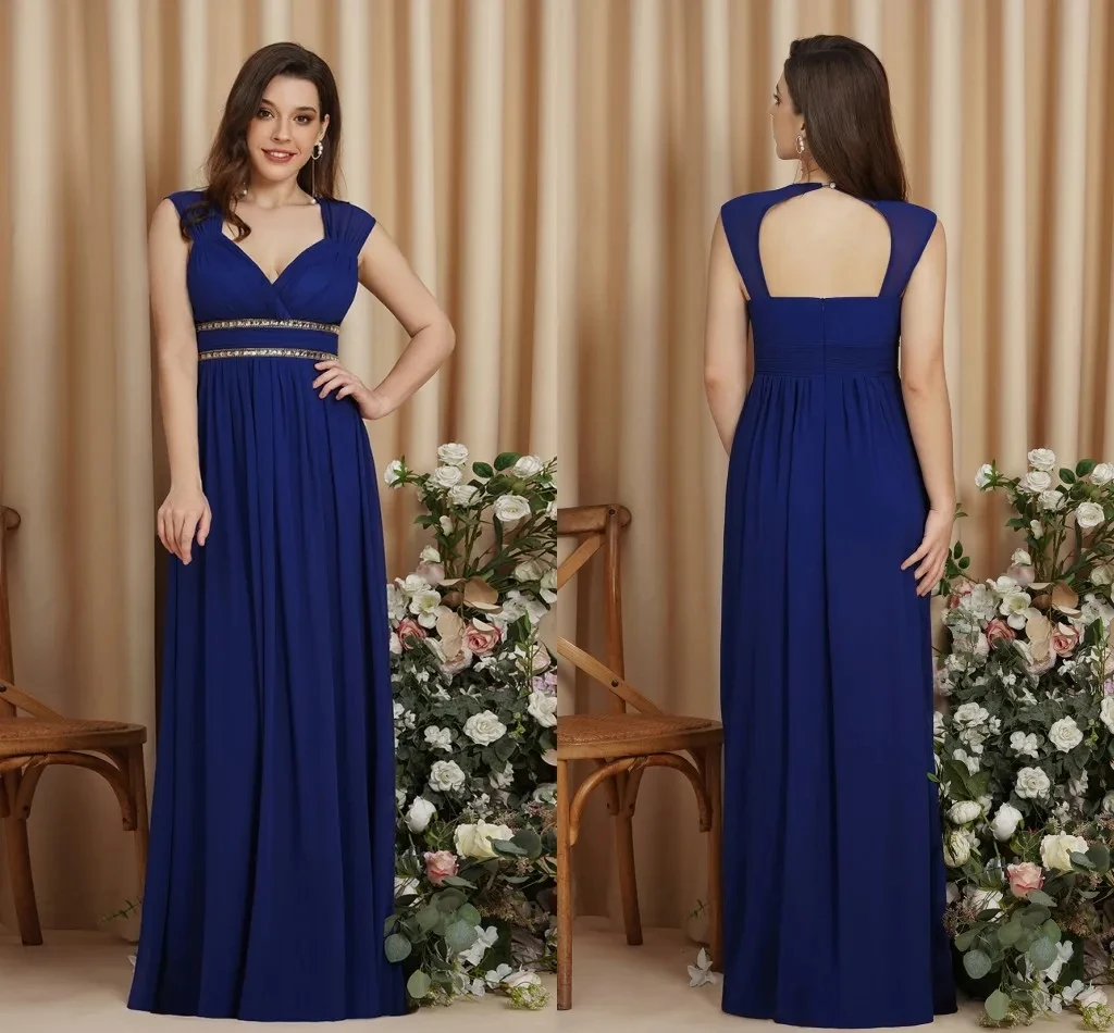 2024 Royal Blue Chiffon Bridesmaid Dress Evening Dress V-Neck Crystal Beaded Backless Wedding Dress Shipping Wthin 24 Hours