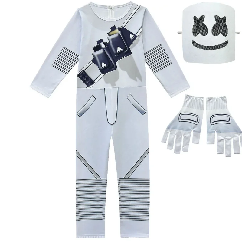 qq38キッズ人気のハロウィーンコスチュームDJ M-Marshmellosコスプレマスク付き男の子女の子ジャンプスーツカーニバルパーティー電気音節ボディ