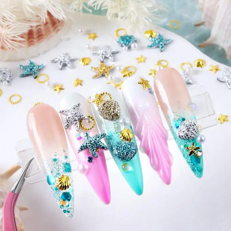 الصيف المحيط مسمار سحر 3D الراتنج المعدني مع اللؤلؤ الديكور الذهب الفضة الأزرق قذيفة نجم البحر برشام مجوهرات مسمار الفن التبعي