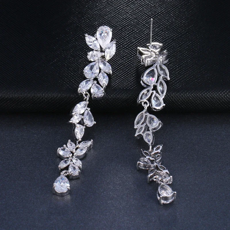 LXOEN Zircons Luxury Marquise Cluster Flower Shape Cubic Zirconia Long Dangle Drop Earrings for Brides Wedding Party Jewelry