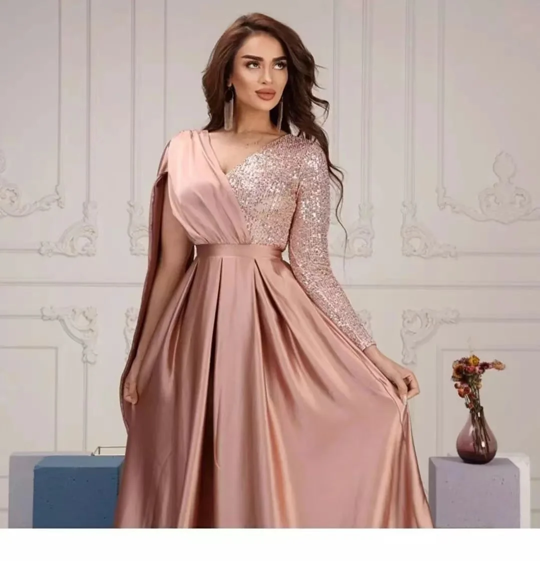 New Style 2024 V Neck Prom Dresses Long Sleeves Sequins Ruched Evening Dress Floor Length A Line Wedding Party Gowns