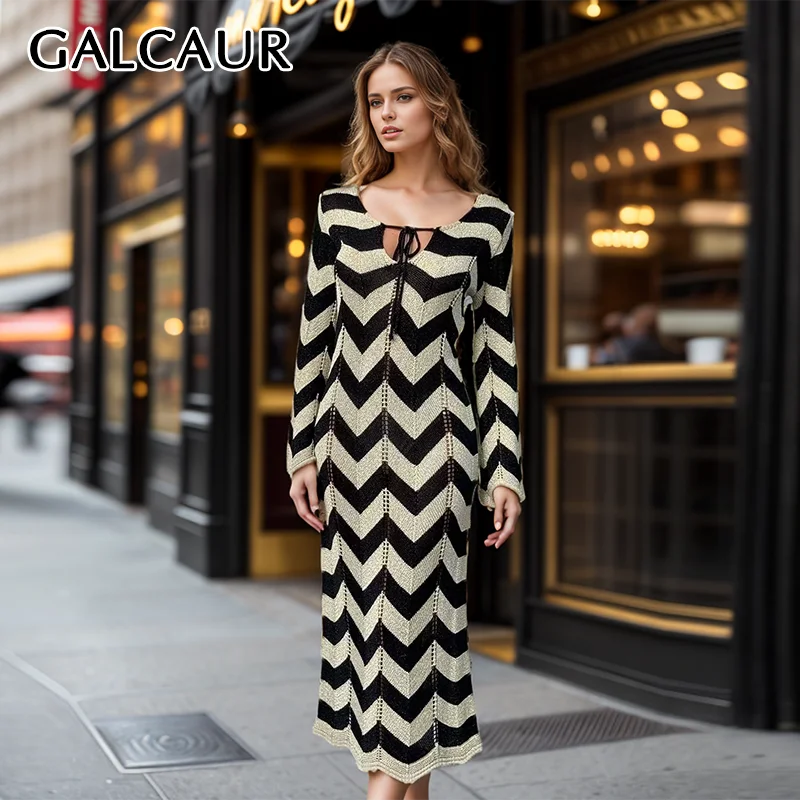 

GALCAUR Spliced Striped Lace Up Knitted Maxi Dress For Women O Neck Long Sleeve High Waist Bodycon Dresses Female Spring Clothes