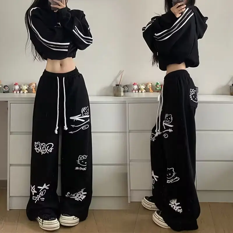 n High Street drawstring printed casual pants women's summer loose straight tube elastic waist wide leg casual pants