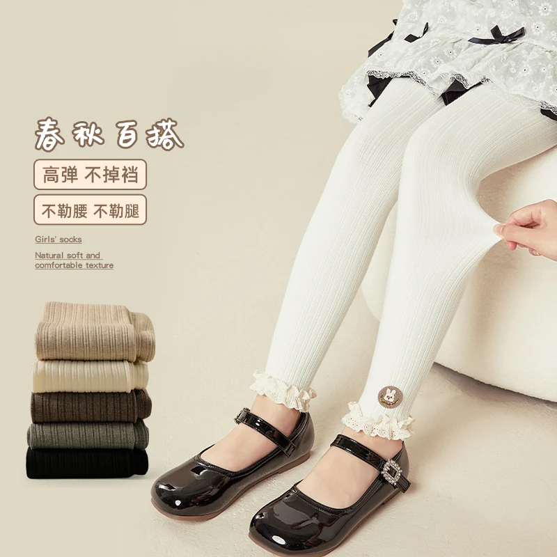 

Pretty Girl Knitted Cropped Pants Lace Trim Cute Bunny Applique Kid Leggings Soft Cotton Warm Retro Geometry Stripes Baby Tights