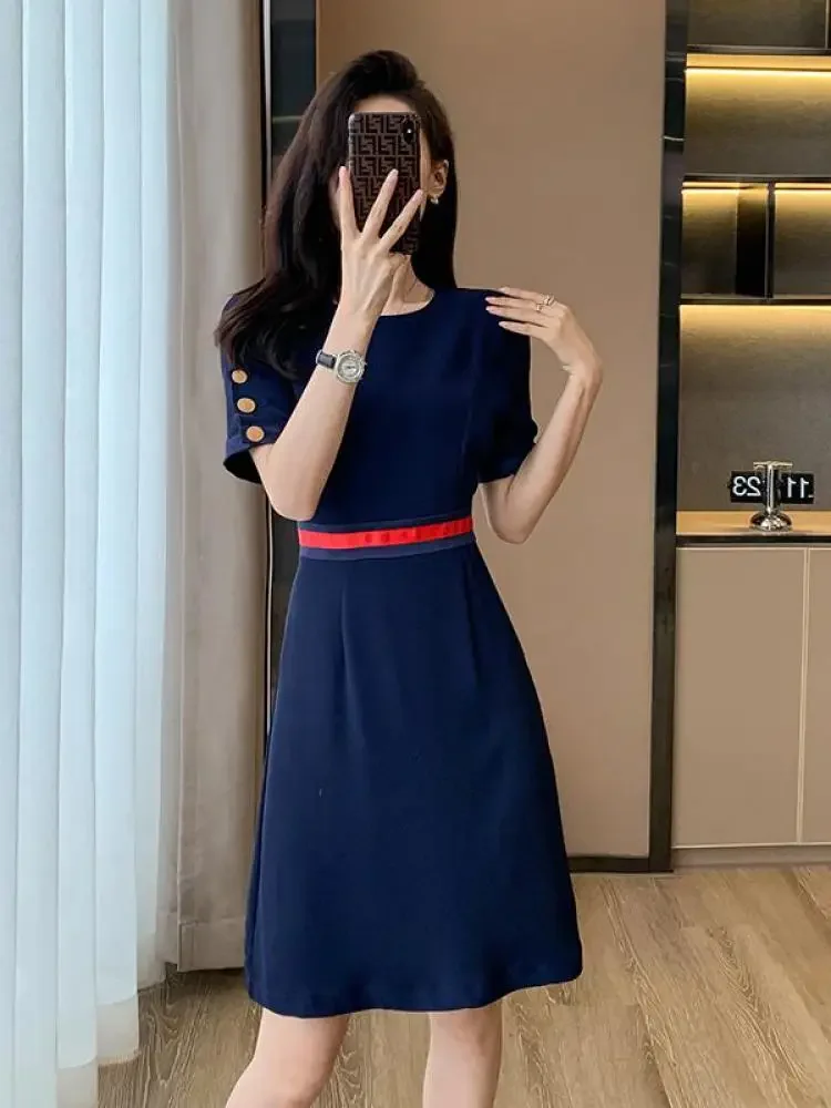 

NMZM Women's Red Round Neck Spliced A-line Dress Summer Slim Fit Blue Short Sleeve High Waist Office Midi Elegant Dress for Wome