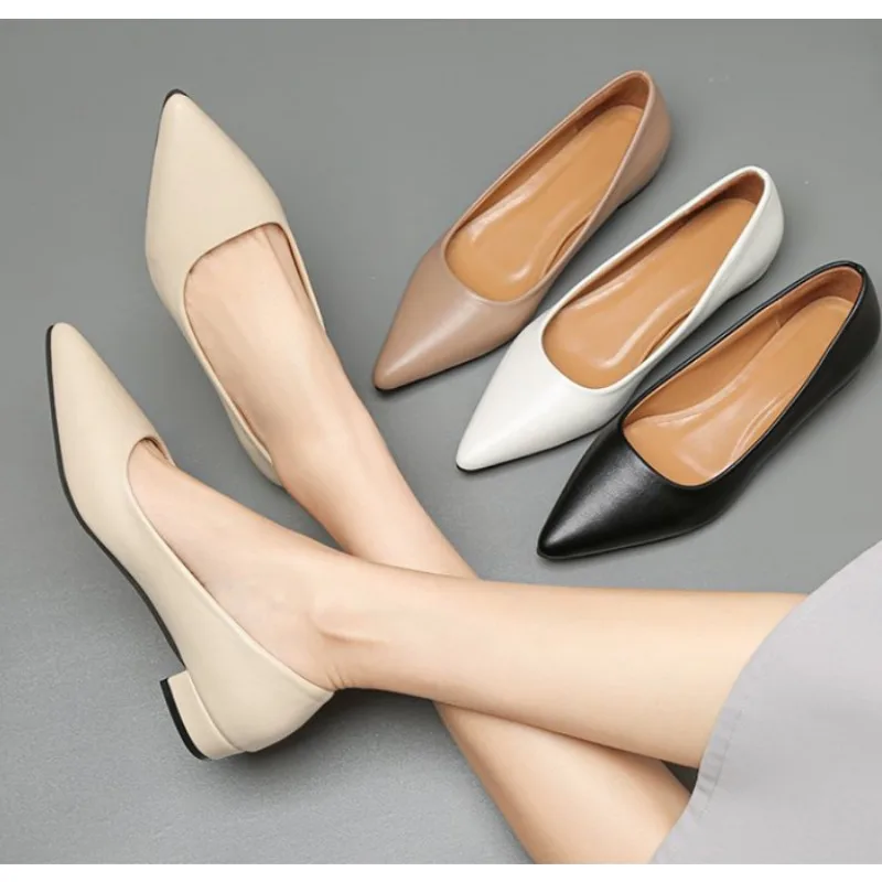

Spring and Autumn New Pointed Toe Shallow Mouth Square Heel Small Leather Shoes Women's Casual Elegant Fashion High Heels