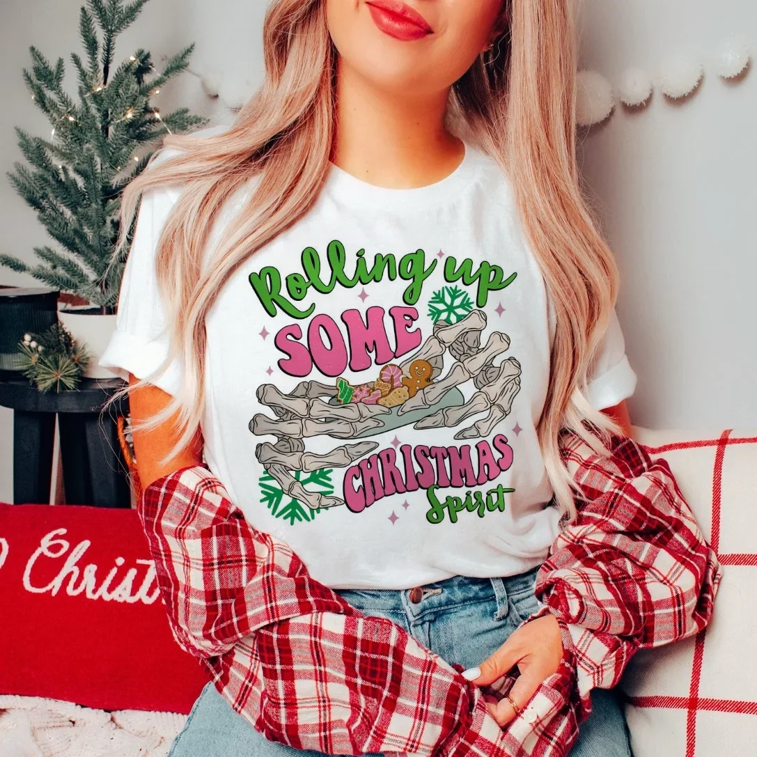 Cartoon Funny Rolling Up Some Christmas Spirit Printed Short Sleeved Christmas T-Shirt Cute Women's Casual Style Sweet T-Shirt