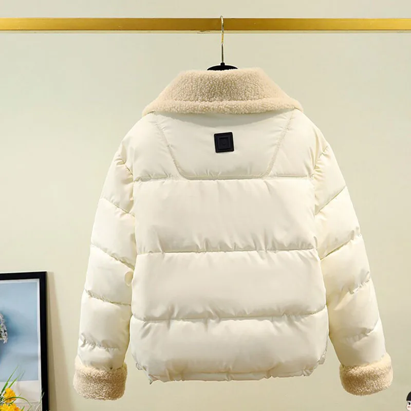 Autumn Winter Lamb Wool Lapel Thick Down Cotton-padded Jacket Women's Large Size Parkas Loose Cotton-padded Coat Bread Outerwear
