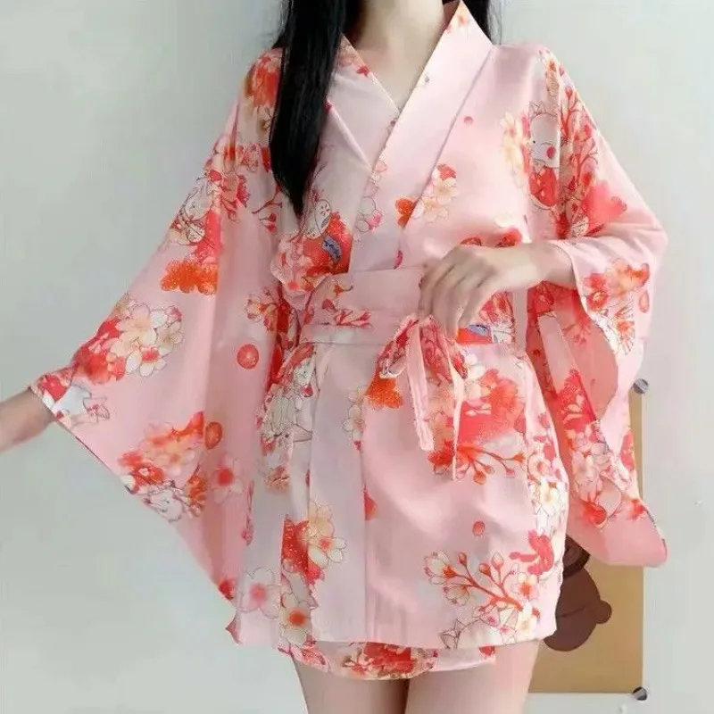 Cherry Blossom Cat Pattern Kimono Nightgown,Low-cut High Slit Short Yukata Pajamas,Cozy Loungewear For Daily Home Casual Wear