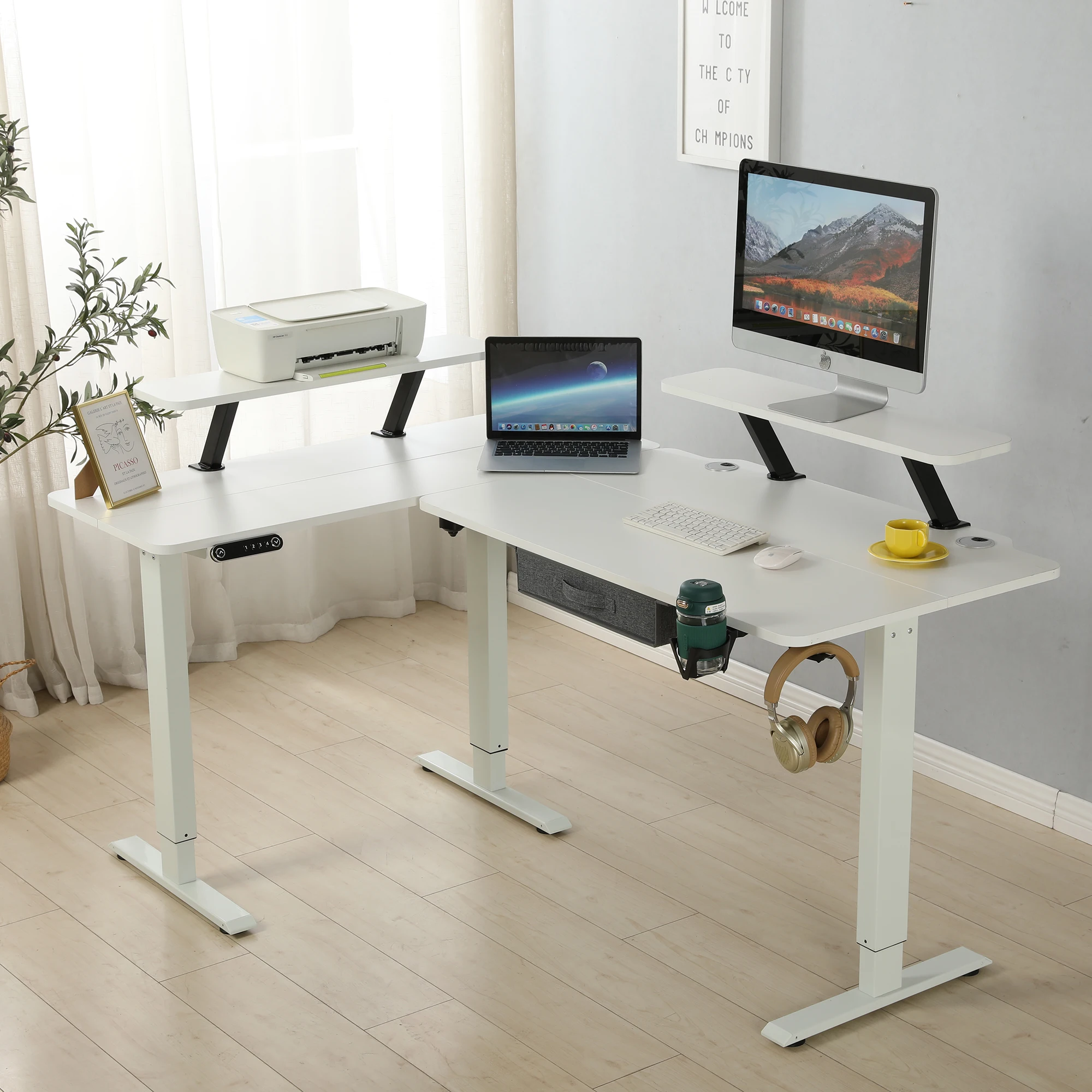 Radlove 160cm L-Schreibtisch Elektrisch Höhenverstellbar Eckschreibtisch L Förmiger Bürotische Stehpult mit Monitorständer und Schublade, White