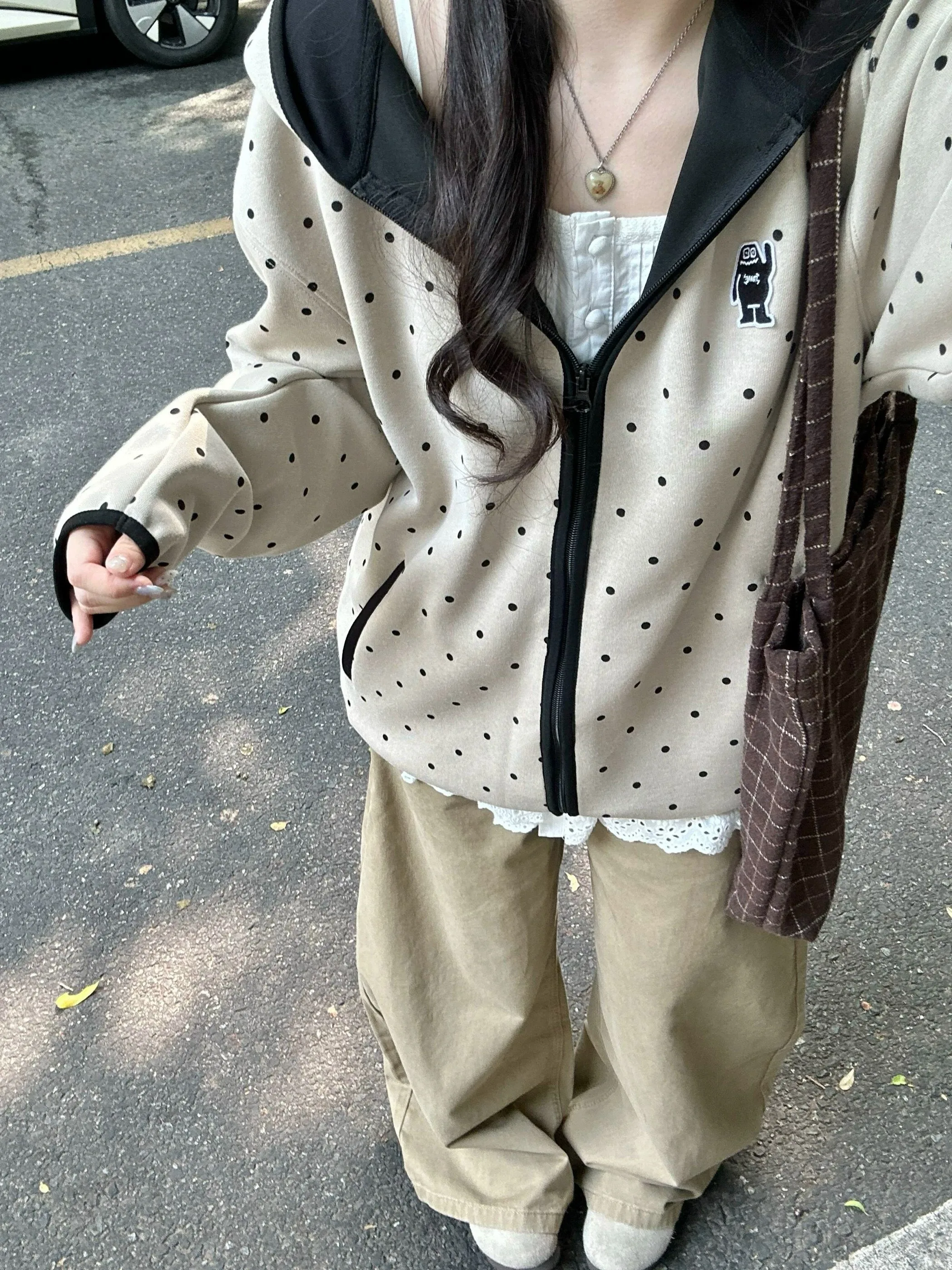 Ladies Oversized Hooded Embroidered Open Cardigan Sweatshirt Spring Autumn New Style Loose Black  Outerwear