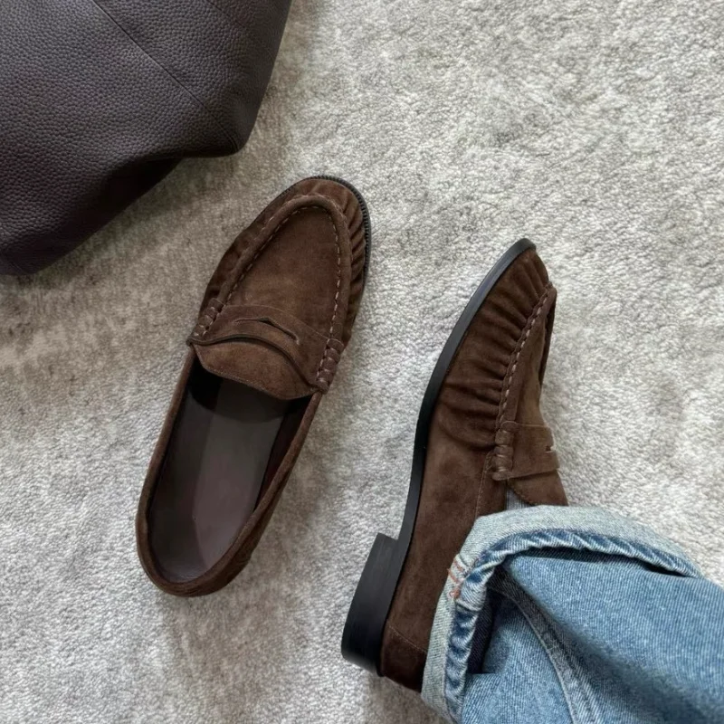 

Женские лоферы с круглым носком на низком каблуке с плиссировкой, ретро-коричневые, модные дизайнерские туфли для женщин