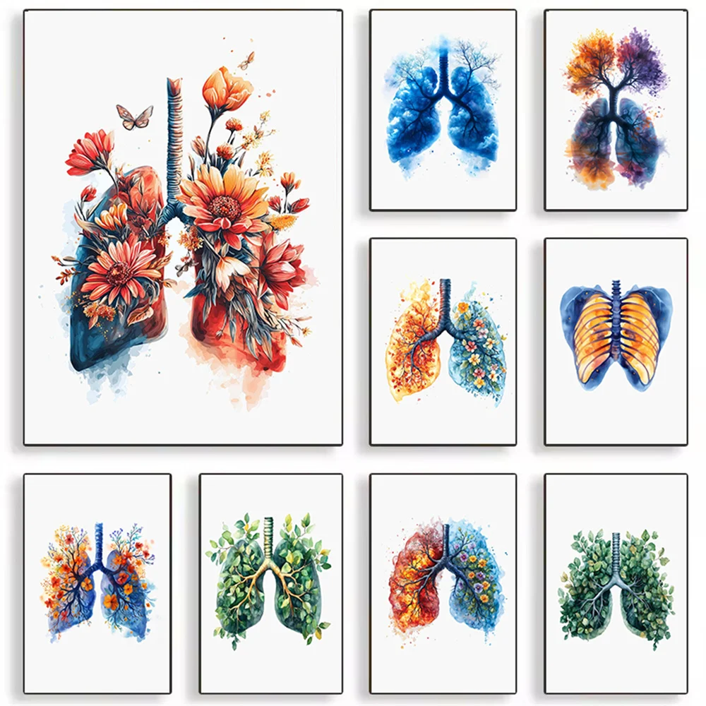 Modern Art Prints Depicting Lung Anatomy, Medical Office Wall Decorations, and Scientific Canvas Paintings of Plants and Lung