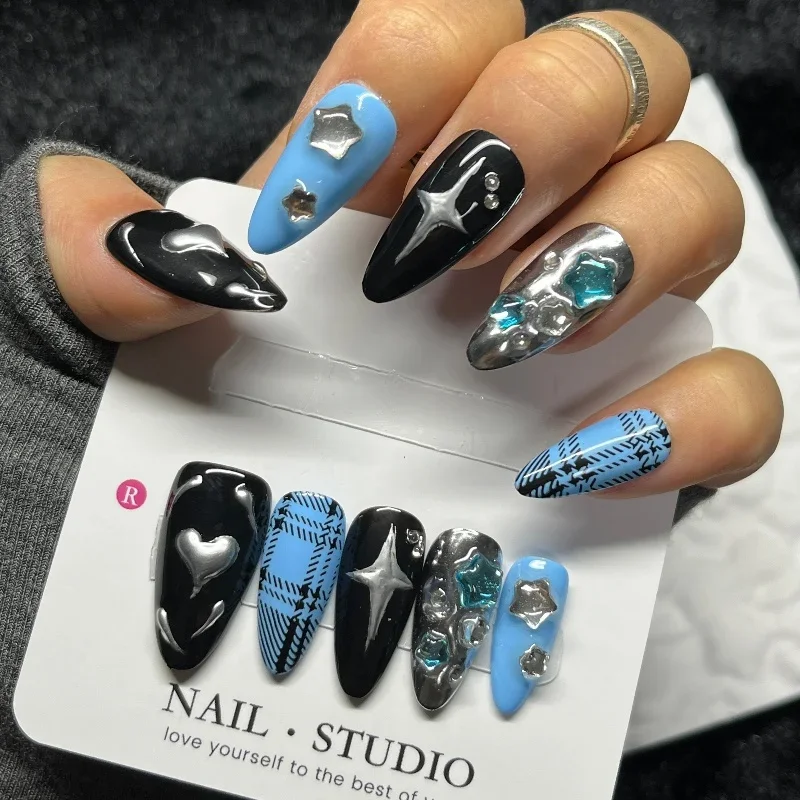 

10 шт., накладные ногти Galaxy Heart Press on Nails, длинные миндалевидные, черные, синие с серебряной звездой, стразами, острые, Y2K, накладные ногти ручной работы 수제 네일 опытных