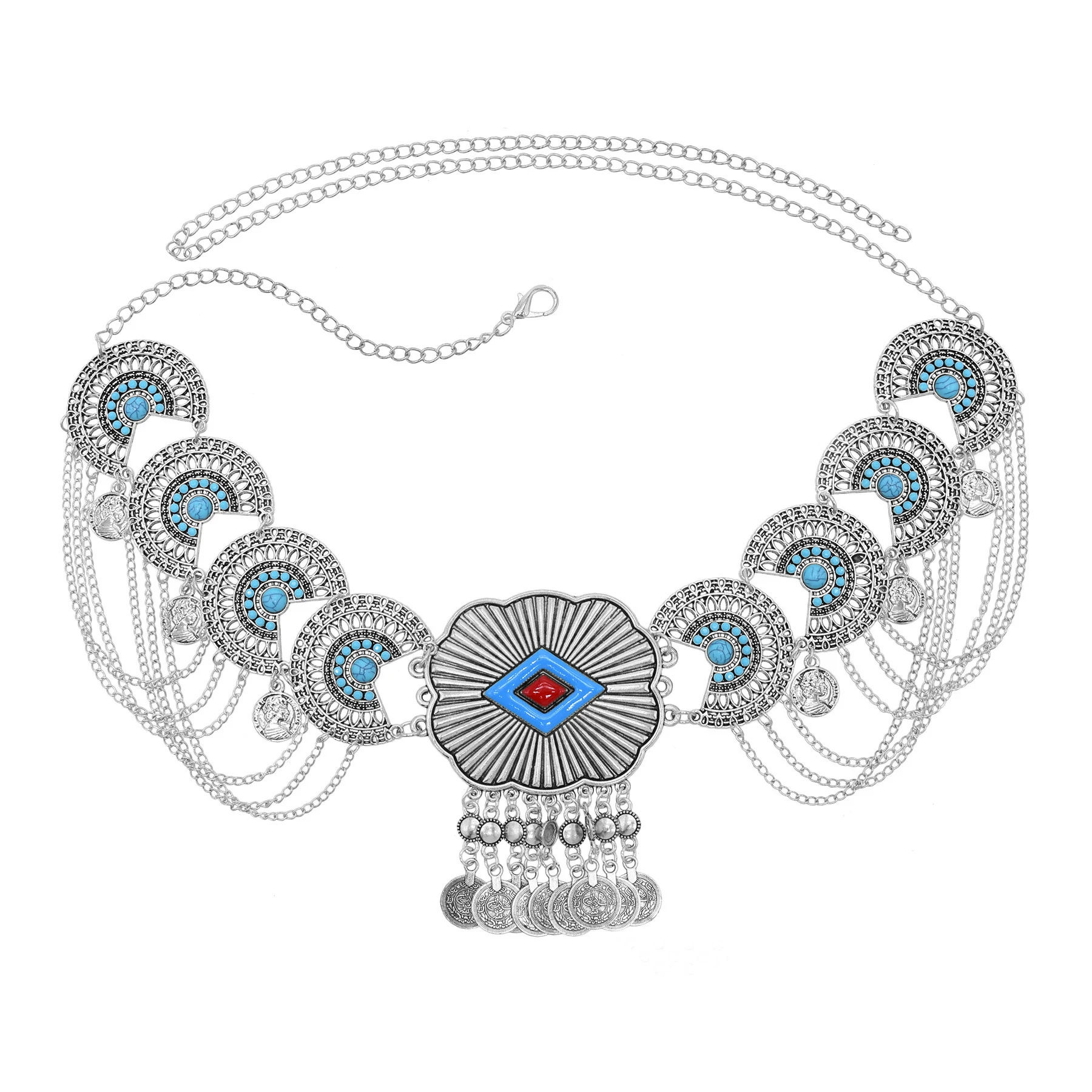 Ethnic Vintage Metal Belly Chains for Women Dancing Dress Belt Waist Chain Geometric Coin Long Tassel Indian Body Jewelry Chain