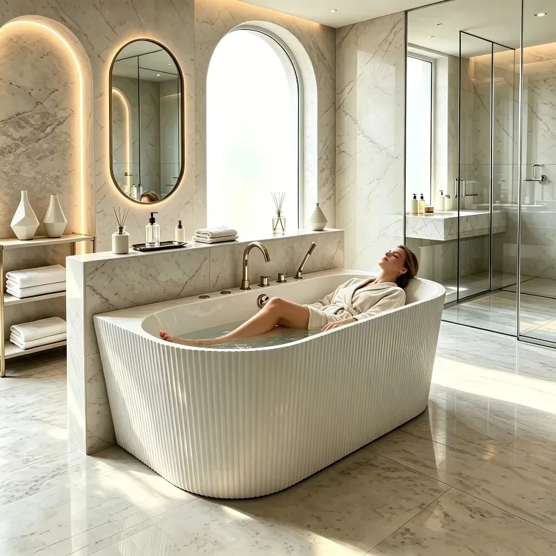 COMO Italian-Style Striped Artistic Indoor Standing Acrylic Tub Modern Single White Bathtub For Bathroom With LED Light