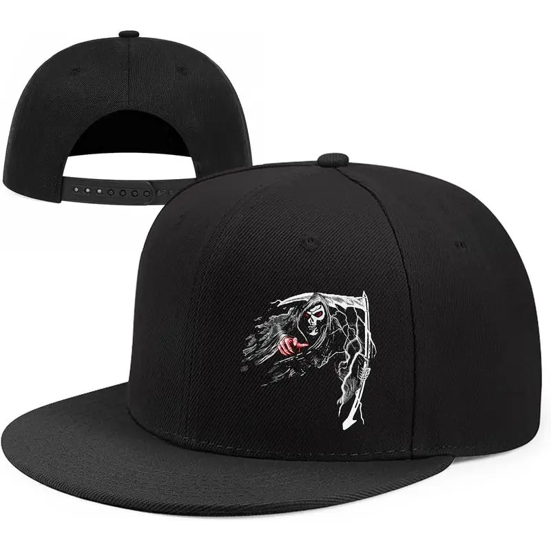 Horror Grim Reaper Scythe Hats Flat Bill Snap Back Hats for Men Flat Brim Black Baseball Cap Devil Skull Finger Snapback