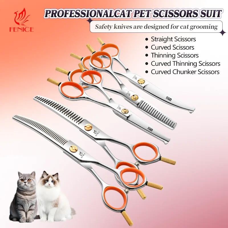 

Fenice Professional 4.75/5/5.5/6 Inch Safety Round Top Pet Cat&Puppy Grooming Scissors Curved Thinner Chunker Trimming Scissors