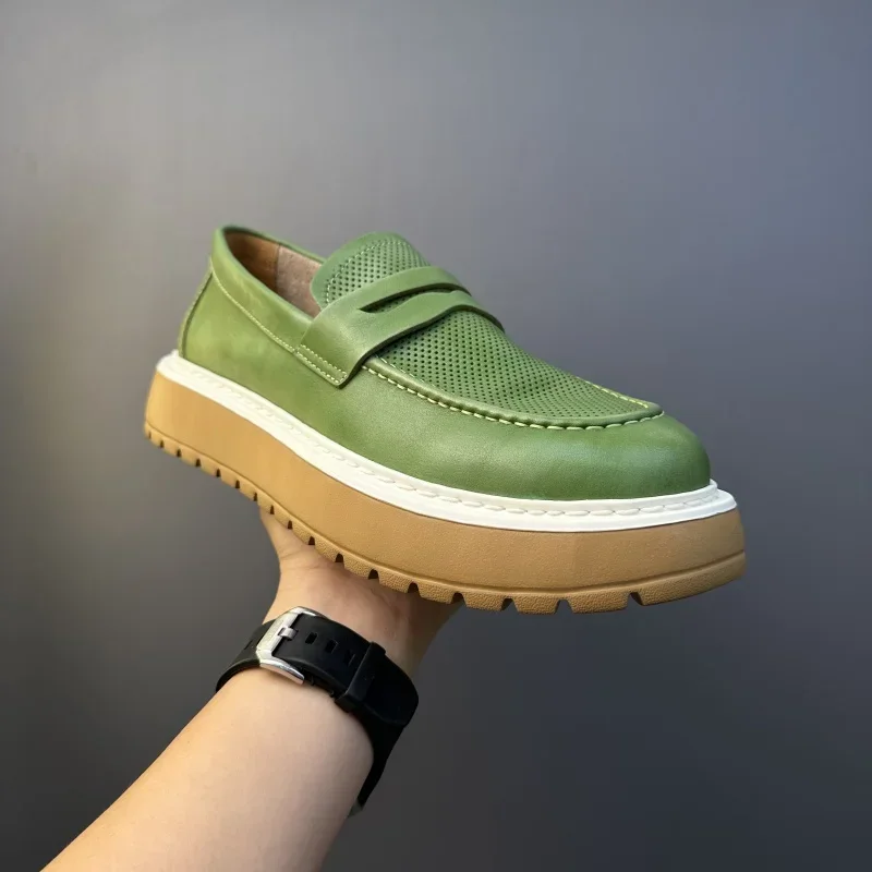

Summer New Genuine Leather Men's Casual Shoes Retro Hollow Thick Sole Lefu Shoes for Men