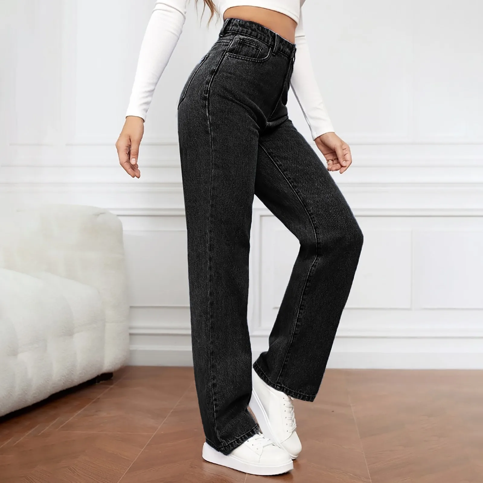 Frauen Jeans Straight Pants Denim Waschen hohe Taille Loose Fit Taschen Grundlagen knöchel lange Hosen einfarbig leichte Stretch y2k