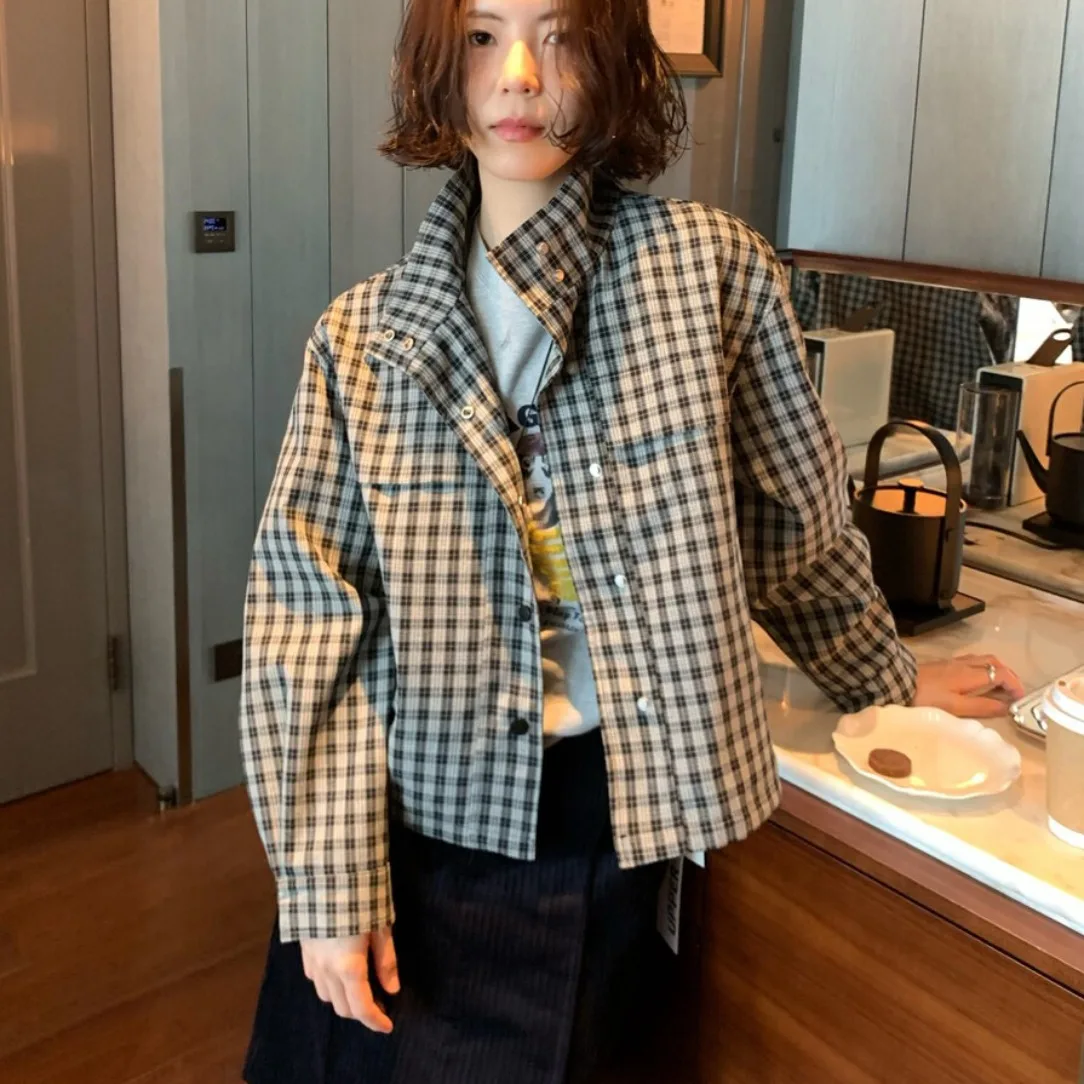 

Women's Casual Plaid Stand Collar Jaet Versatile Autumn Faion Small Size Top Breathable Comfortable Long Sve irt