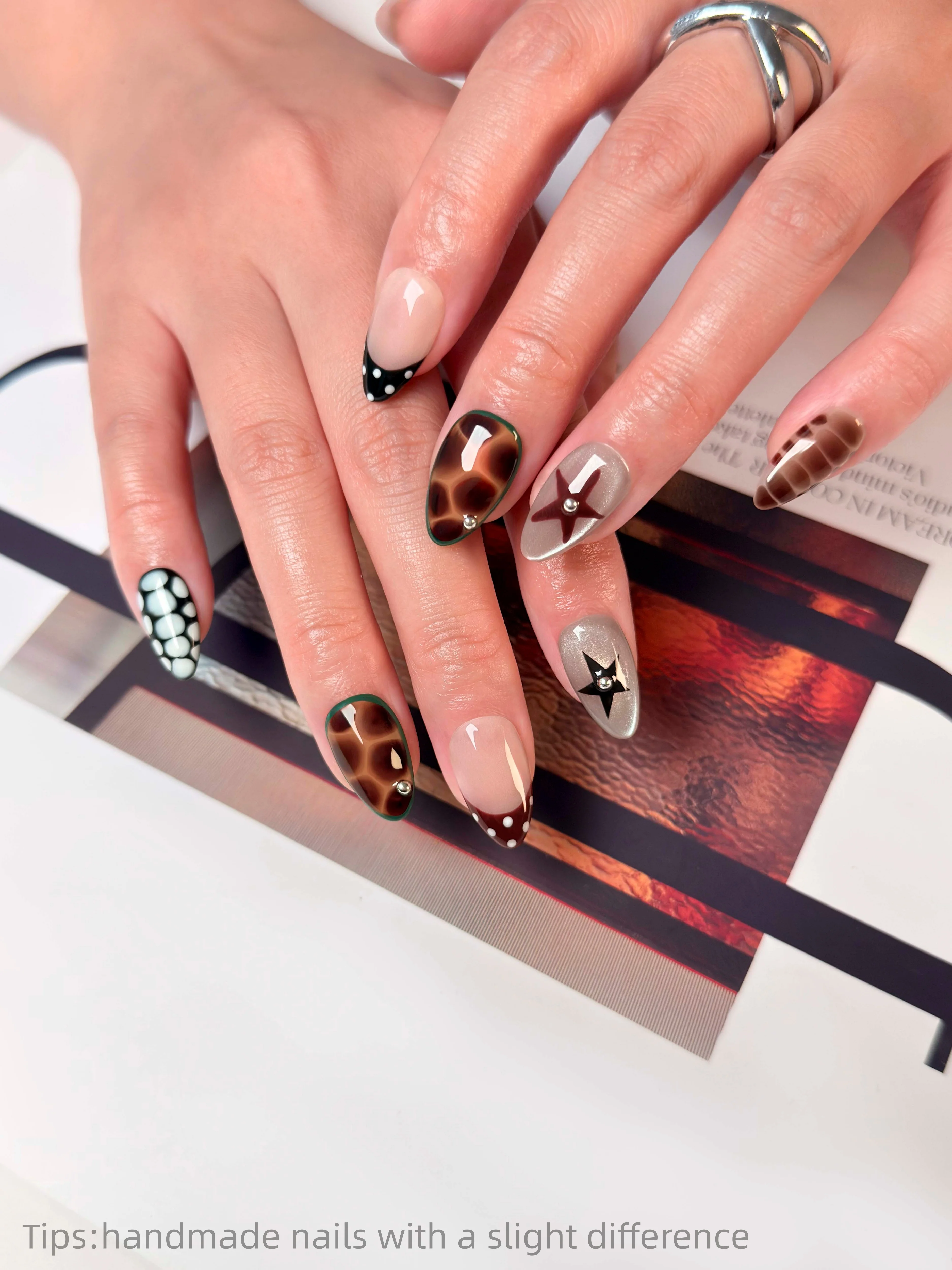 10 Uds. De uñas postizas hechas a mano con diseño de estrella marrón desnudo, prensa francesa en almendra, cubierta completa larga, usable, reutilizable, de moda, 2026