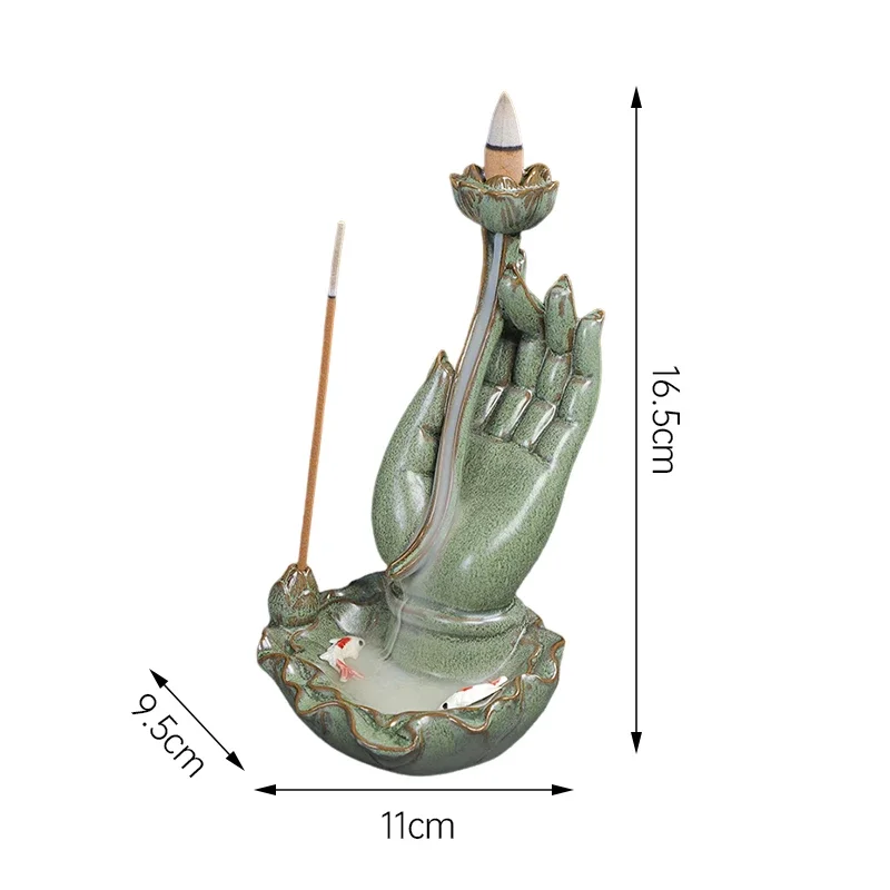 Buddha Hand Lotus Backflow Incense Burner Zen Home Decor with Agave Insert Plate for Relaxation and Meditation