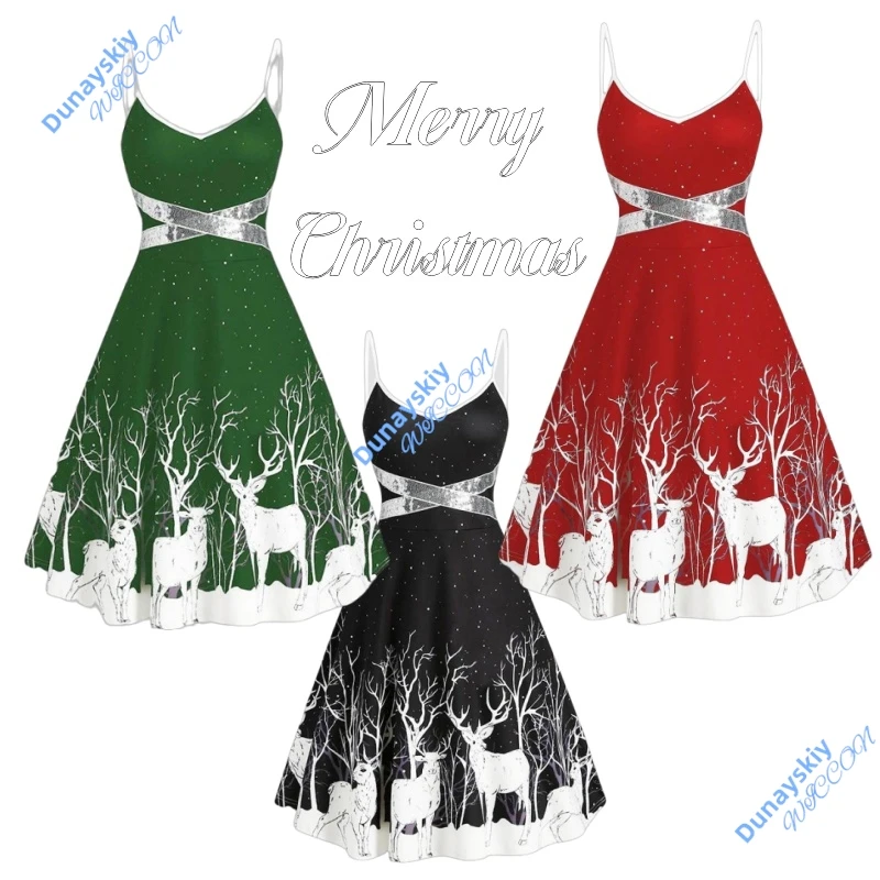 Женское рождественское элегантное платье с цветочным принтом и воланами на открытых плечах, сексуальное новогоднее платье с изображением лося и оленя, размер S-XXXL
