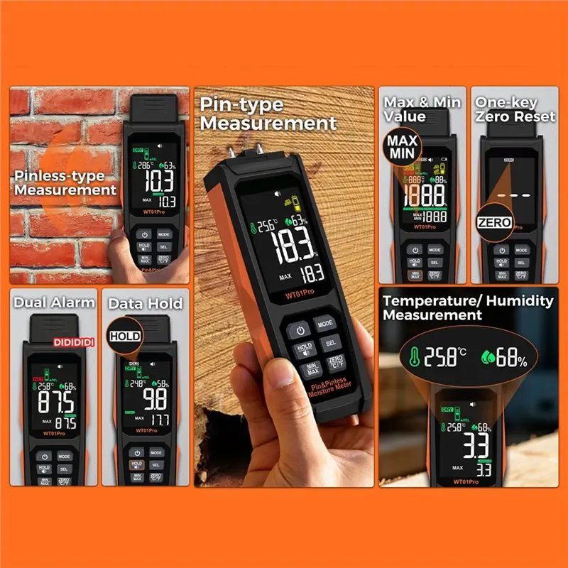 ABDJ-For Lumber Moisture Meter 2IN1 Pinless& Pin 0-99.9% Humidity Tester Timber Damp Detector Detection For Concrete
