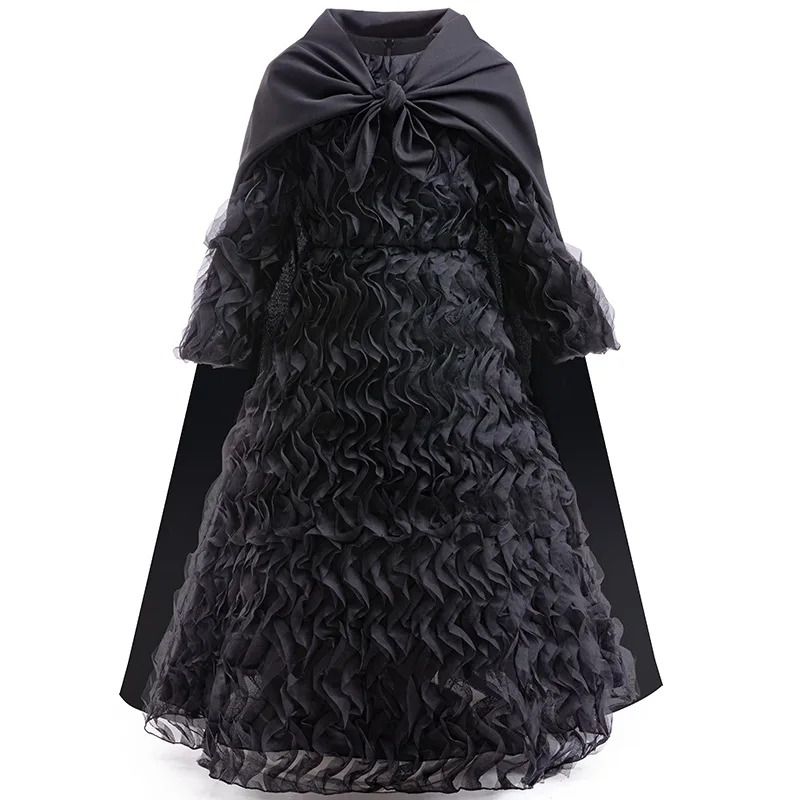 2025 Girl Black Princess Dresses With Cloak For Carnival Sorceress Cosplay Costume Ball Gown Birthday Party Dress Up 2-12Y