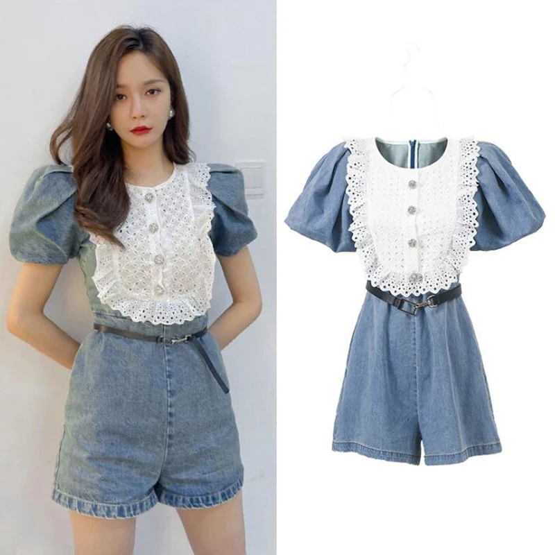 

Pure Cotton Sweet Splice Lantern Sve Slimming Denim Overalls Women's Summer Faion Retro Sle mid Waist ort Pants