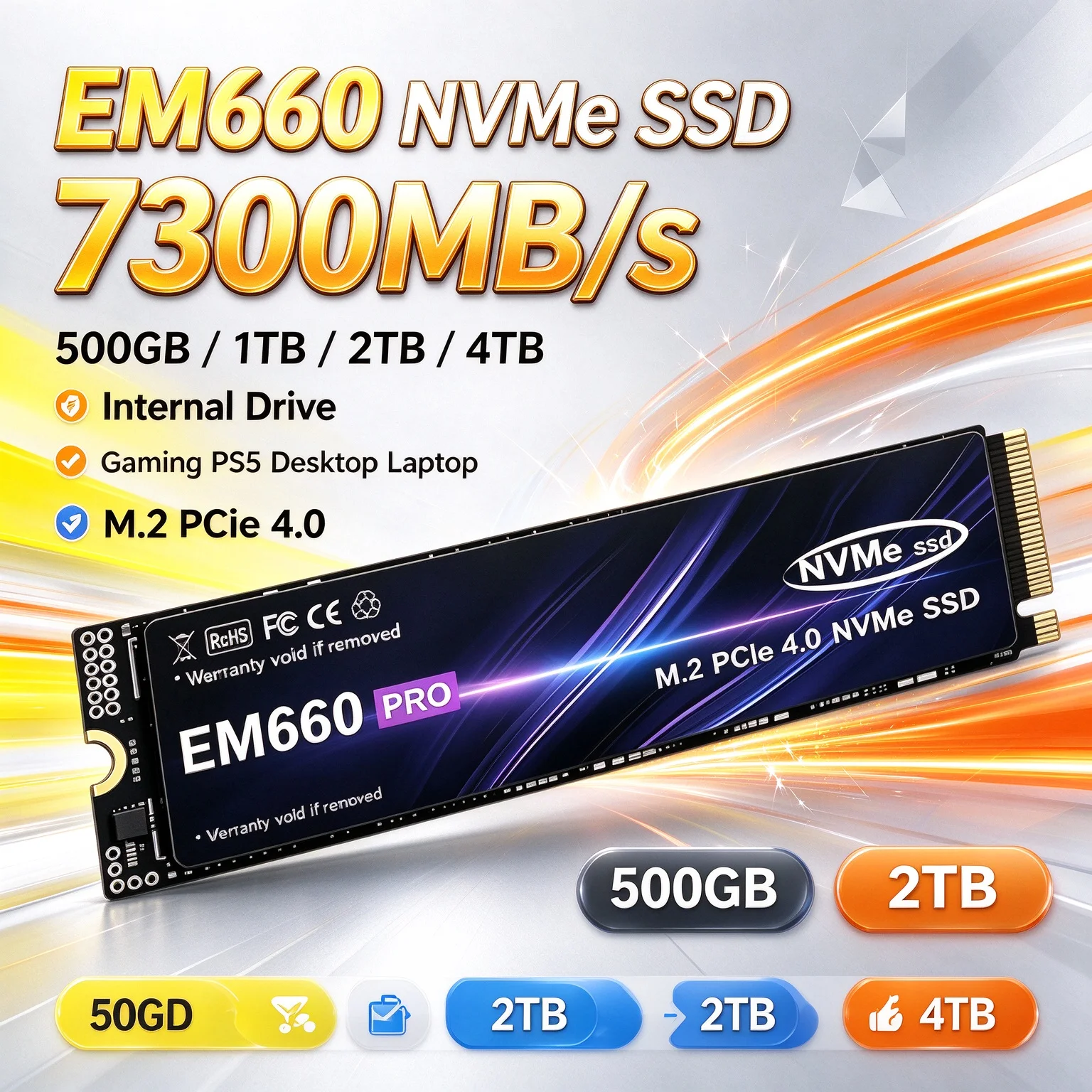 EM660 PRO Blazing Fast Loading NVMe SSD 7300MB/s PCIe 4.0 M.2 2280 500GB 1TB 2TB 4TB Internal Drive Desktop Laptop Gaming