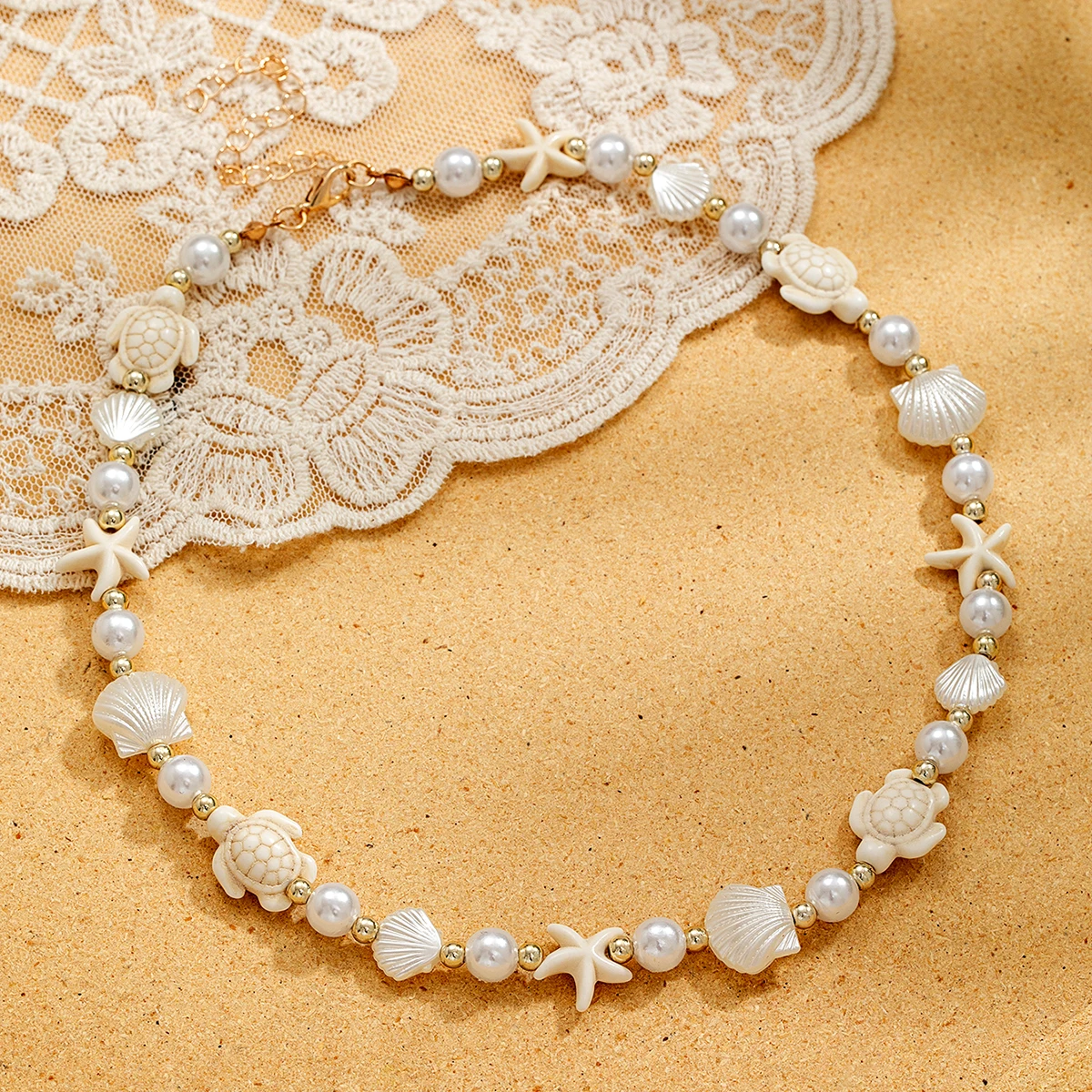 Summer beach breeze, turquoise, starfish, shell necklace, mixed and matched imitation pearl necktie women's necklace