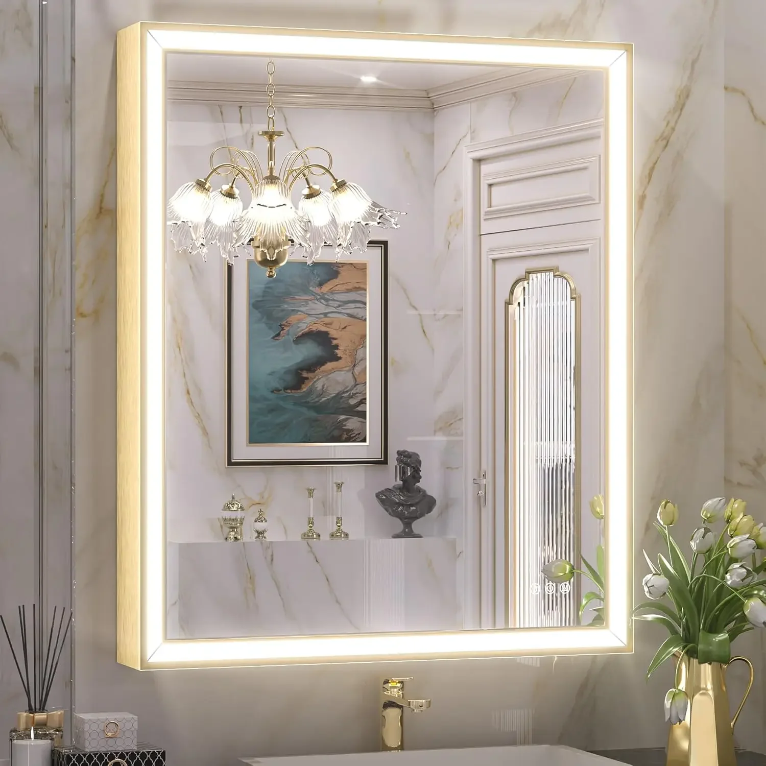 Gold LED Bathroom Mirror 30” x 36” with Frontlit, 45° Angled Light, Beveled Diffuser, Metal Framed Brushed Gold Vanity Mirror