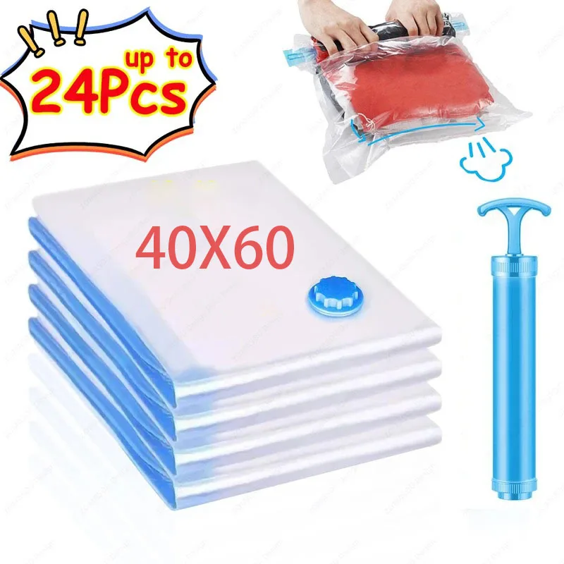 1-24Pcs Reusable Vacuum Storage Sealing Bags with Hand Pump Clear Folding Compressed Space Saving Vacuum Bag for Clothes Travel