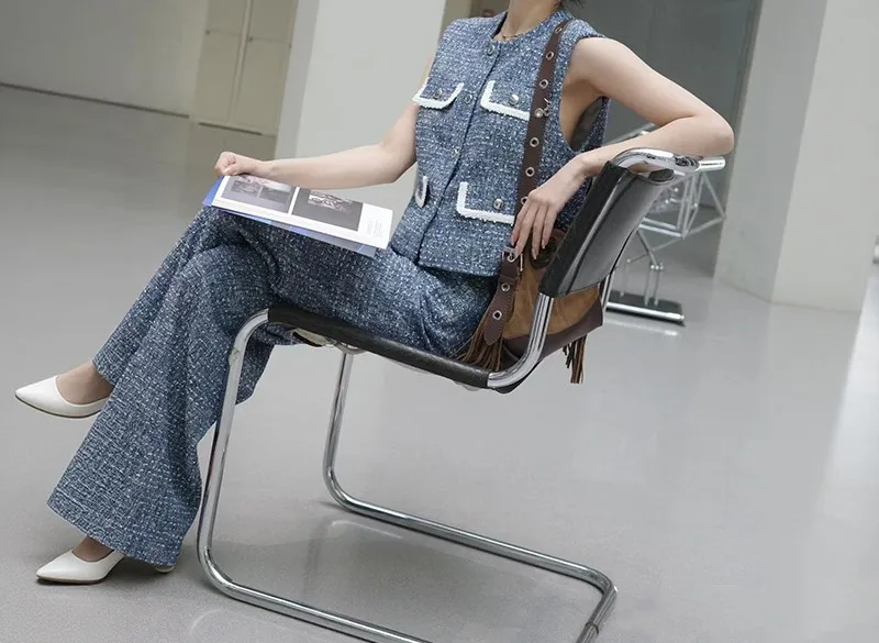 

Spring New Women Contasting Trim Tweed Jacket Lace-Up Waist Coat + Round Neck Vest Top + Ladies High Waist Wide Leg Long Pants