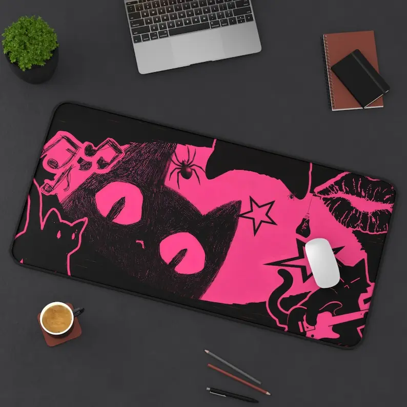 Pink and Black Cat Mouse Pad, Cute and Adorable Desktop Mat, Beautiful Anime Cat Mouse Pad, Comfortable Workspace Decoration