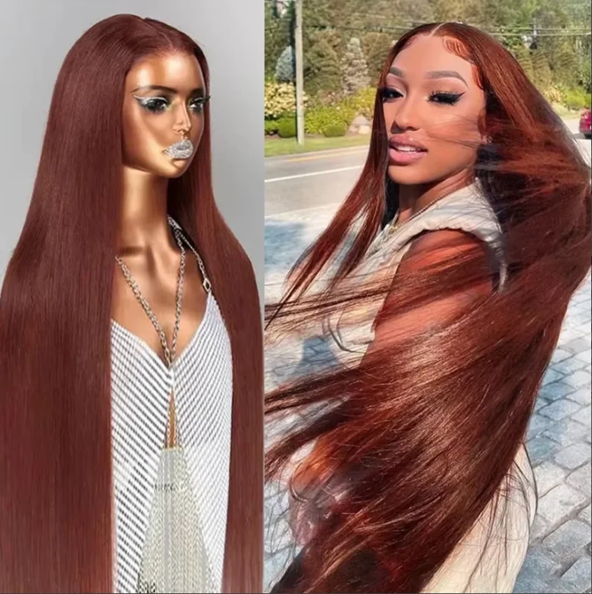 

Reddish-brown HD 13x4 Lace Front Wig Glueless Colored Human Hair Wig Brazilian Straight Lace Front Wig Density 180% 100% Human