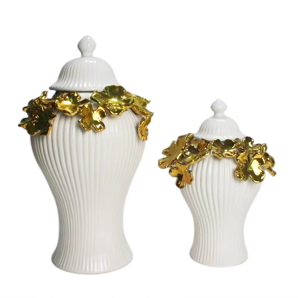 Gold Ceramic Storage Jar Embossed Flower Fringe Checkmate Can Porcelain Ornament Ginger Vase Home Decoration