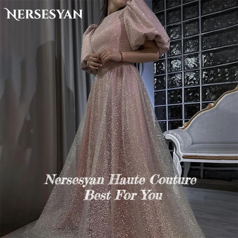 Nersesyan Elegant Puff Sleeves Formal Evening Gowns Glitter O-Neck Party Dresses Floor-Length A Line Graduantion 2023 Prom Gown