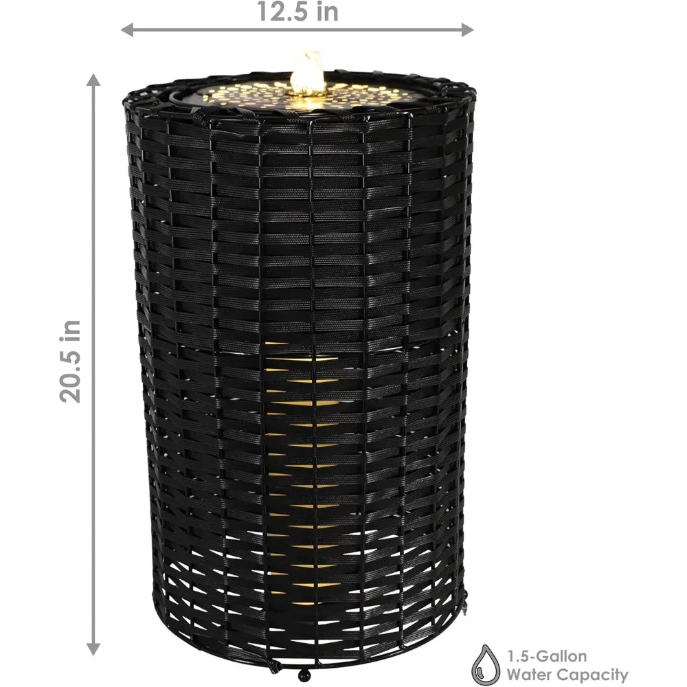 Cylinder Indoor/Outdoor Water Fountain - 20.5-Inch - with Plastic Wicker Design and LED Lights
