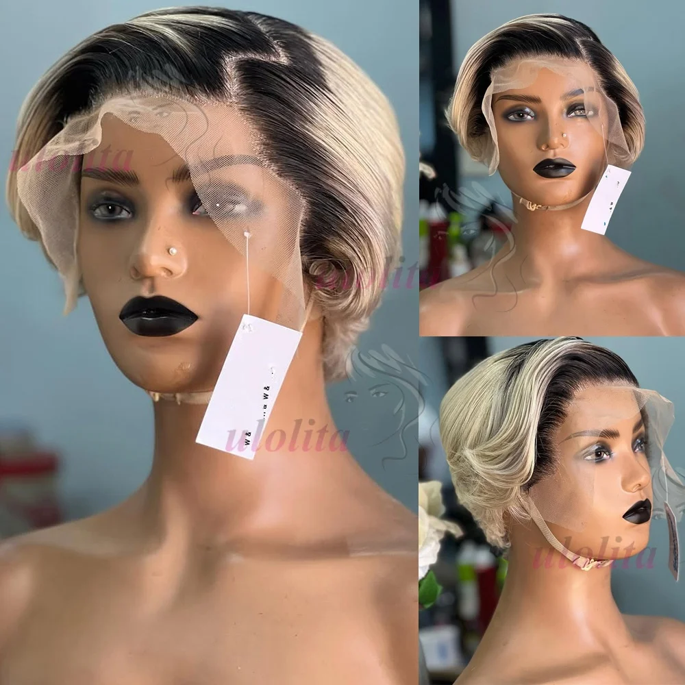 Ombre Braun T1B30 Echthaar-Perücken für Frauen, Knochenglatte Bob-Perücke, Remy T-Part Transparente Spitze, Natürlich Vorgezupfter Pixie-Schnitt – Detail 11