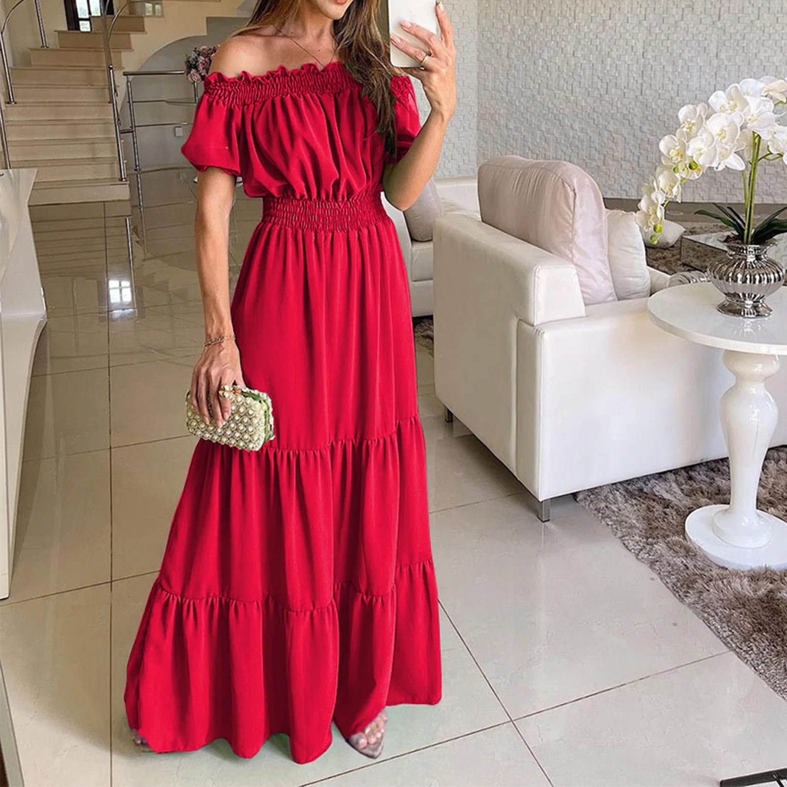 Boho Dresses for Women 2024 Summer Sexy Off Shoulder Solid Color Flare Sleeve Tunic Dress Women Casual Mini Sundress Vestido