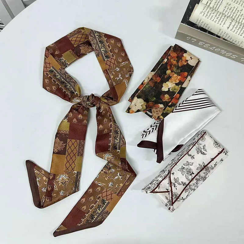 

Woman Long Hair Strip Silk Ribbon Small Neck Scarfs Floral Print Skinny Satin Scarf Tie Bag Handle Ribbon Kerchief Lady Headband