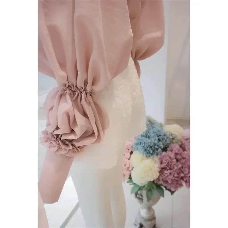 Neploe Pink Bowknot Blouses 2024 Summer French Fragrance Style Blusas Femme Chic Sweet Gentle Solid Color Long-Sleeve Shirts