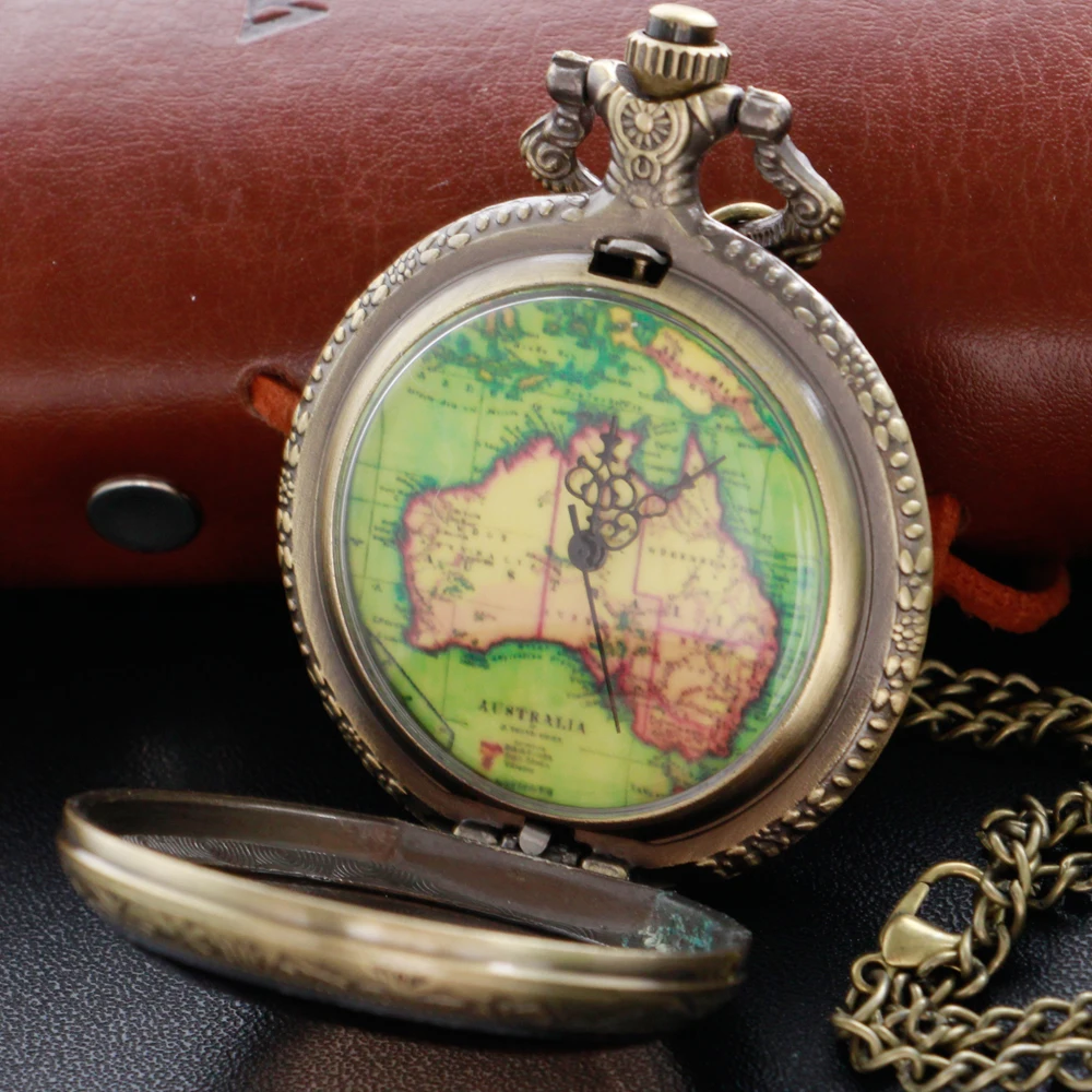 Bronze Map Section Gum Drop Pocket Watch Vintage Steampunk Arabic Digital Necklace Pendant Chain for Men and Women Gifts CF1059