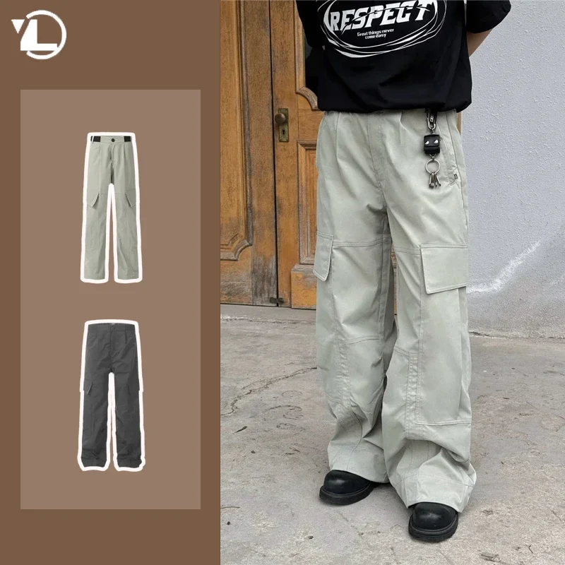 

Multi Pocket Street Cargo Pants Mens American Retro Paratrooper Outdoor Charge Pants Loose Wide Legs Function Overalls Male