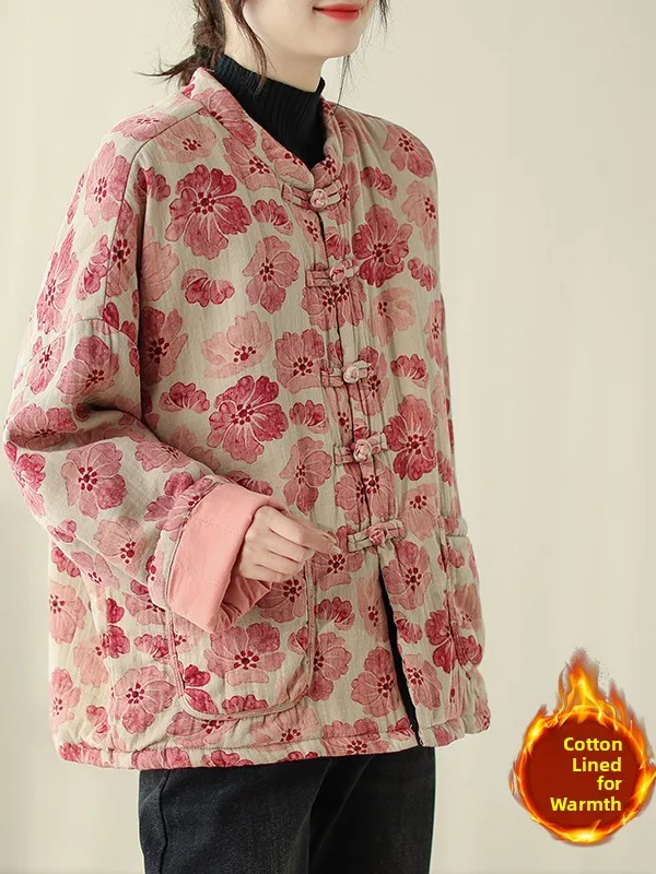 新しい中国風スレ花柄コットンジャケット女性のティエンエドレトロボタンスタンドカラーコットンアウターウェア冬ファッショナブルなコート