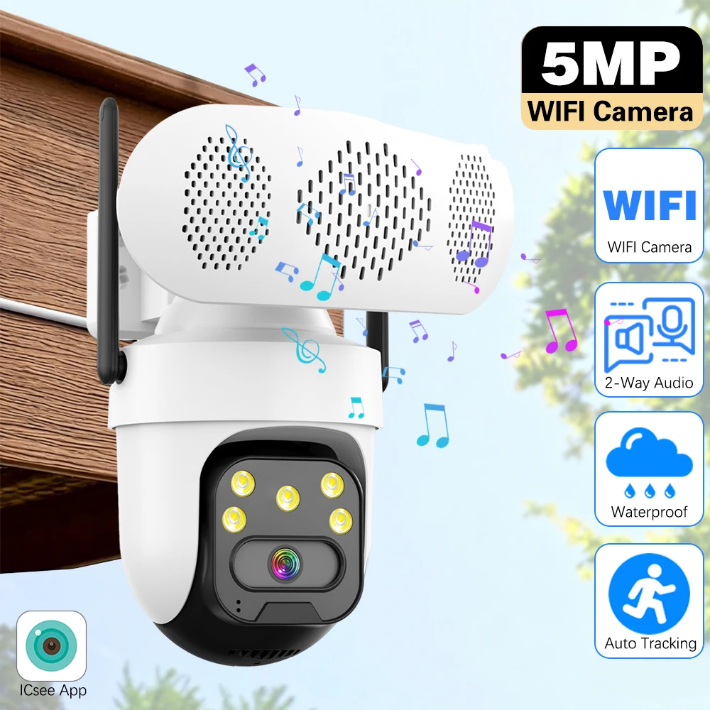 

5-мегапиксельная IP-камера PTZ с функцией музыкального плеера, Wi-Fi, Bluetooth-динамиком, цветным ночным видением, автоматическим отслеживанием, поддержкой Smart ICSee и Onvif для наружного использования