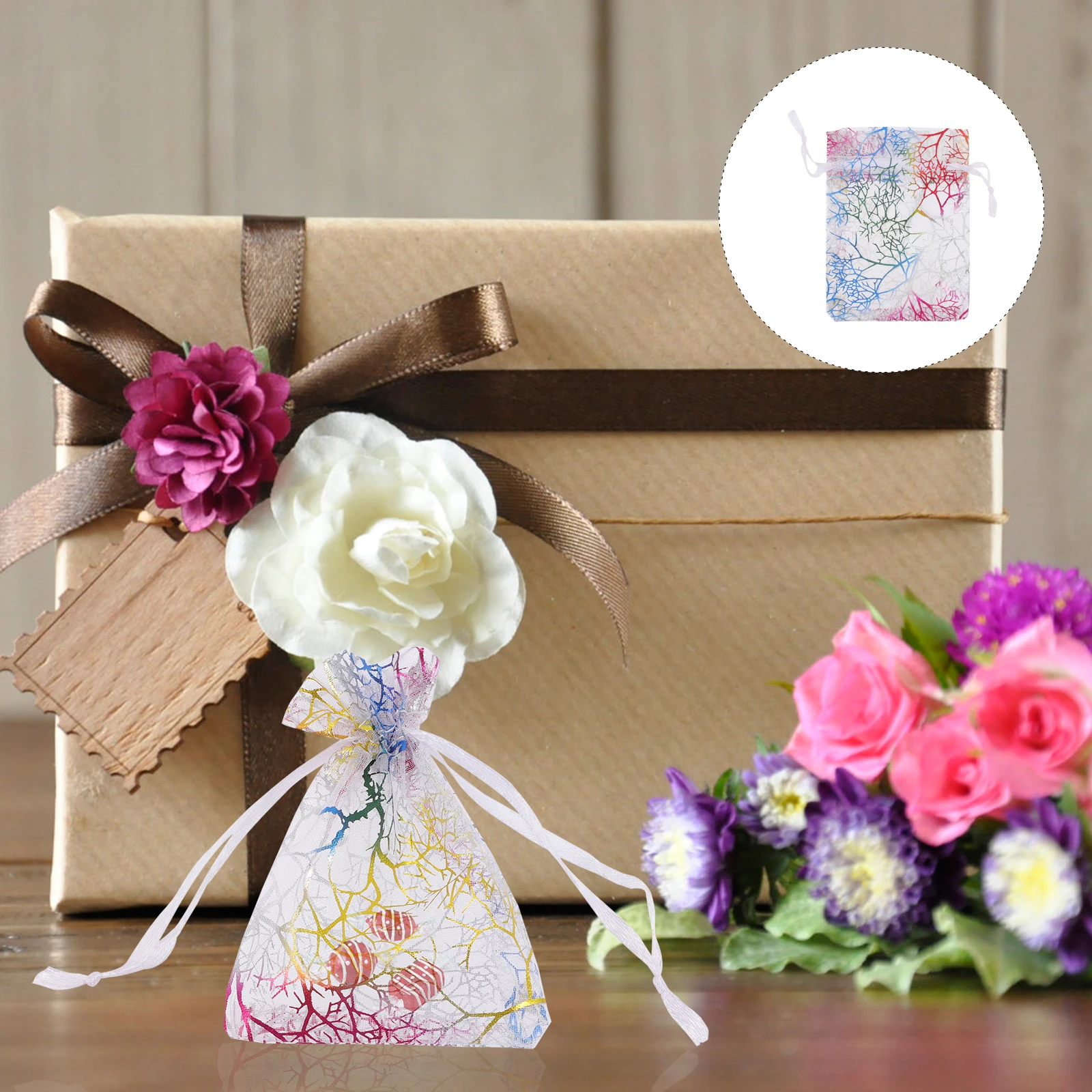 

100Pcs Organza Drawstring Bags Colorful Gold Stamping Gift Pouches Wedding Favor Small Storage Party Treat Bags Fabric